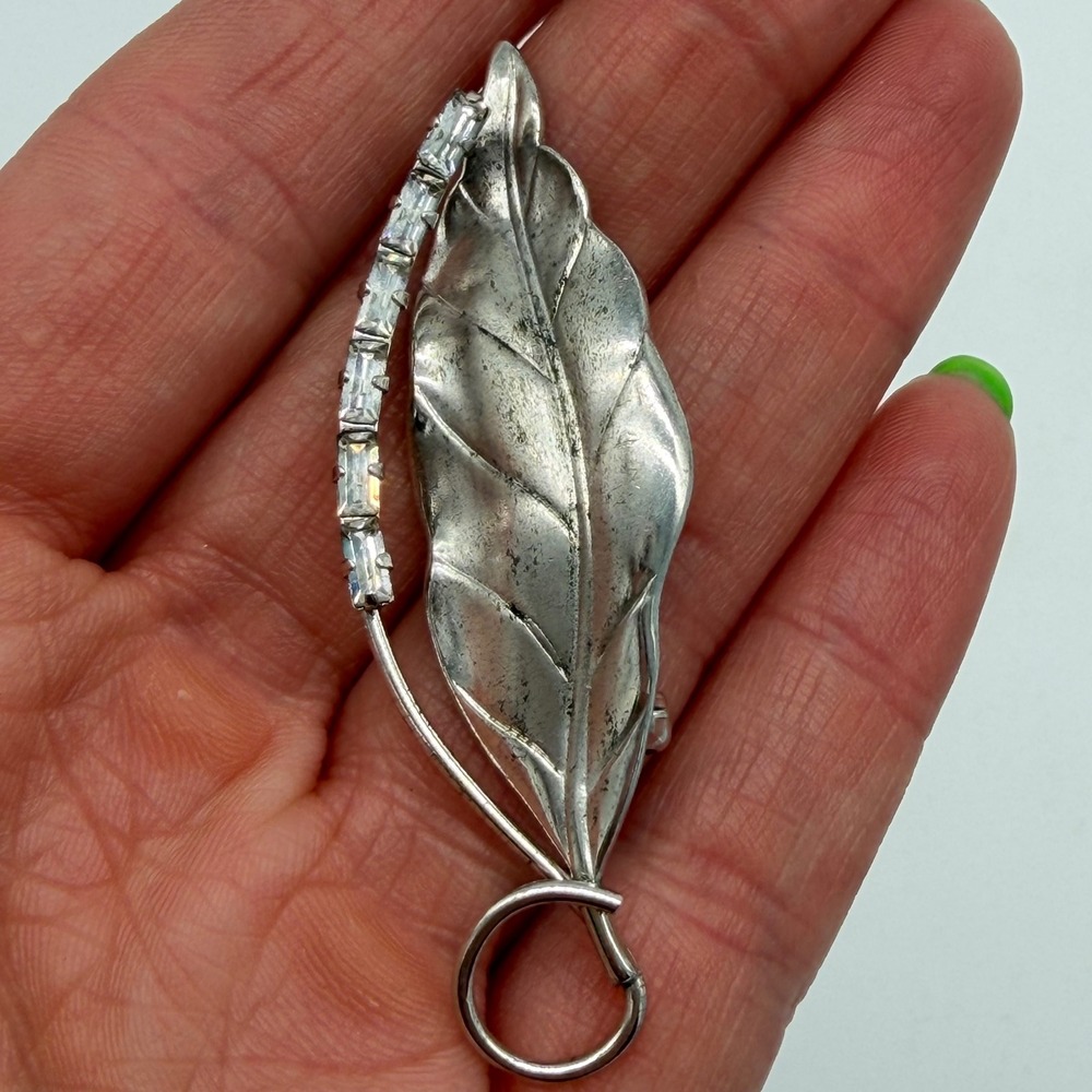 Vintage Carl-Art Sterling Silver Rhinestone Leaf Brooch Pin Signed
